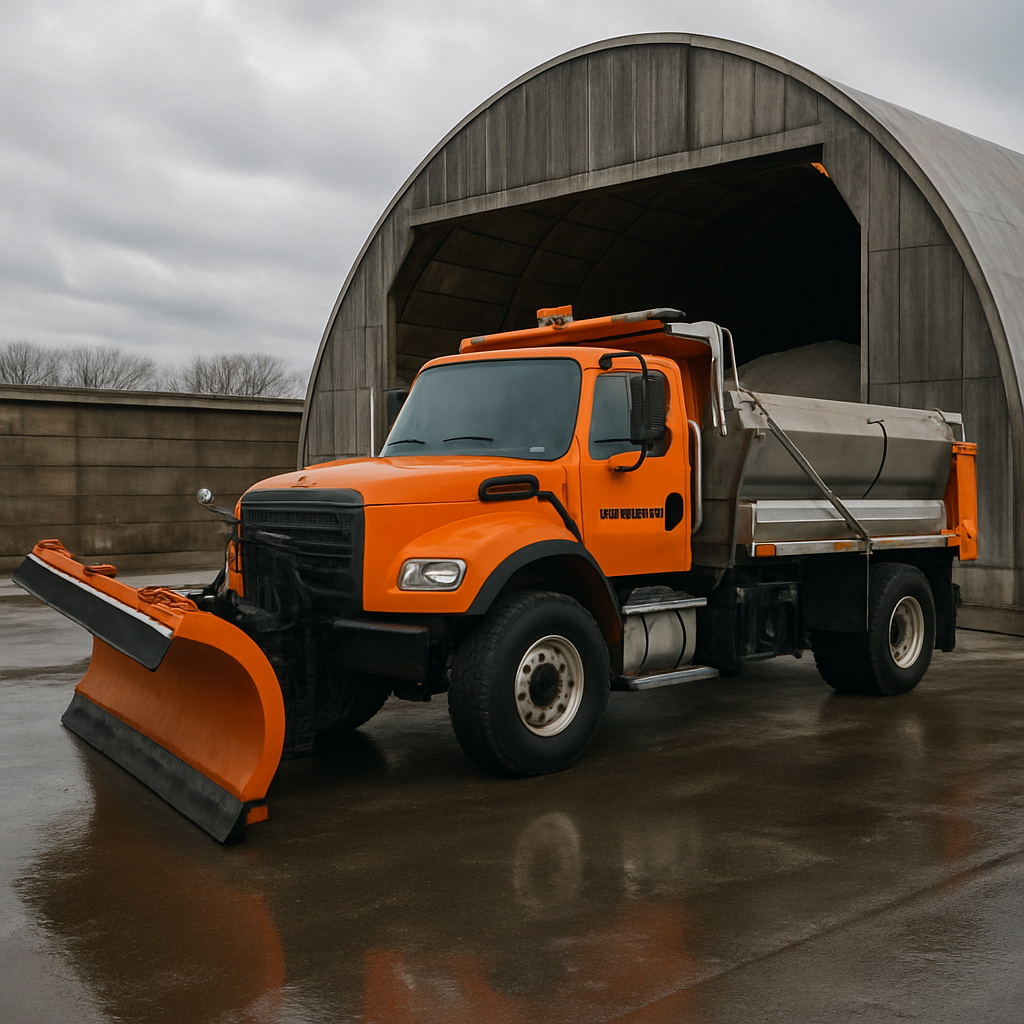 plow truck by salt shed in yard